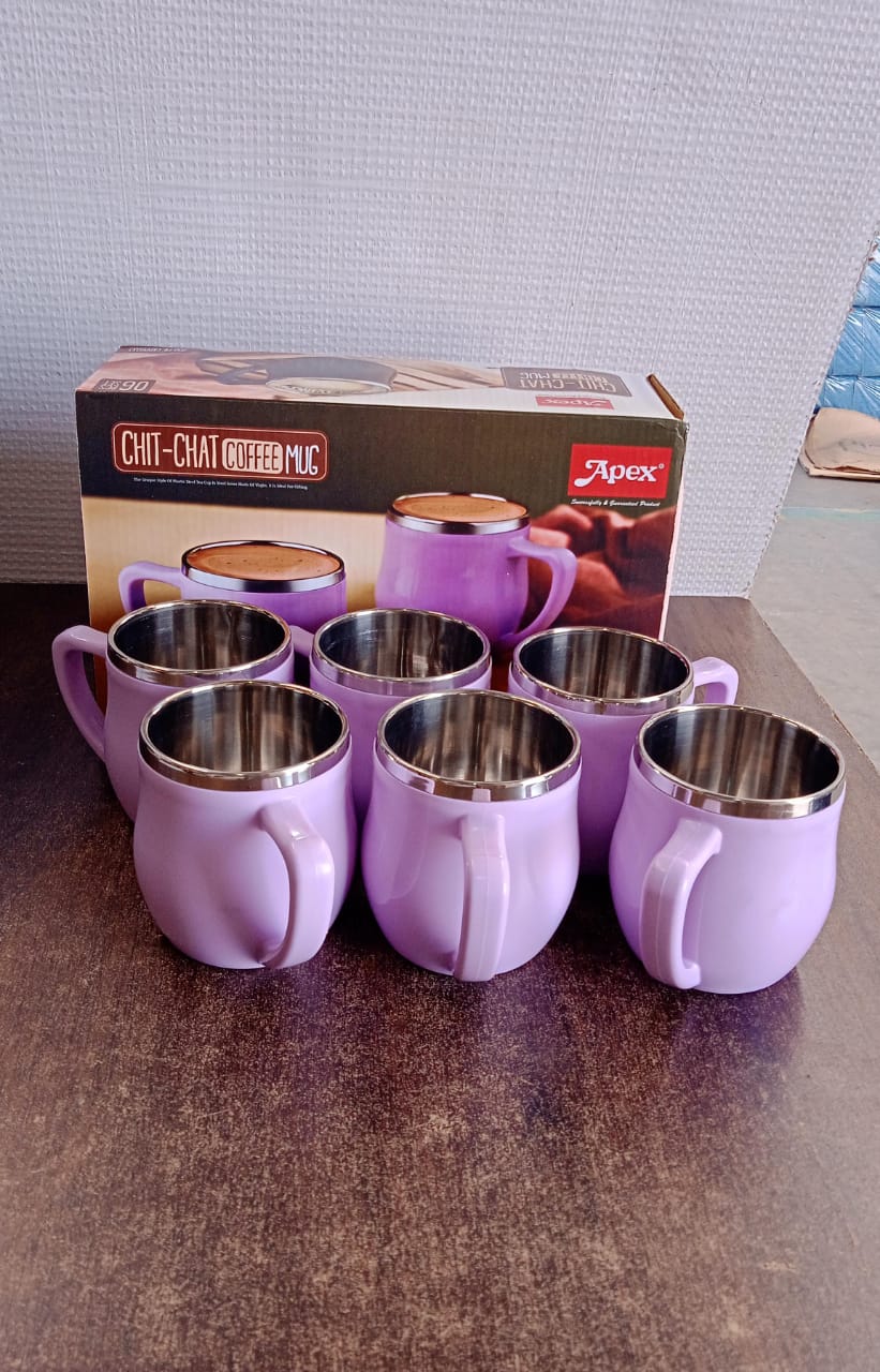 Set of six purple double-wall stainless steel insulated mugs with lids