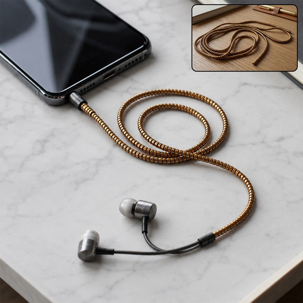 Spiral ribbed cord protector sleeve with wired earbuds and brown coiled earphone cable