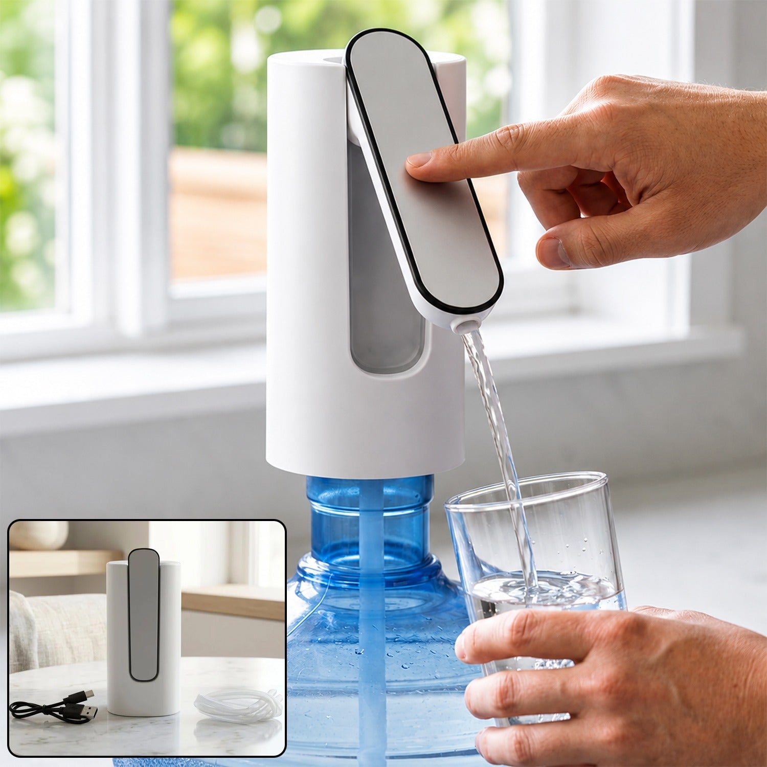 USB rechargeable electric water dispenser pump, white base, blue tank, hand-press spout