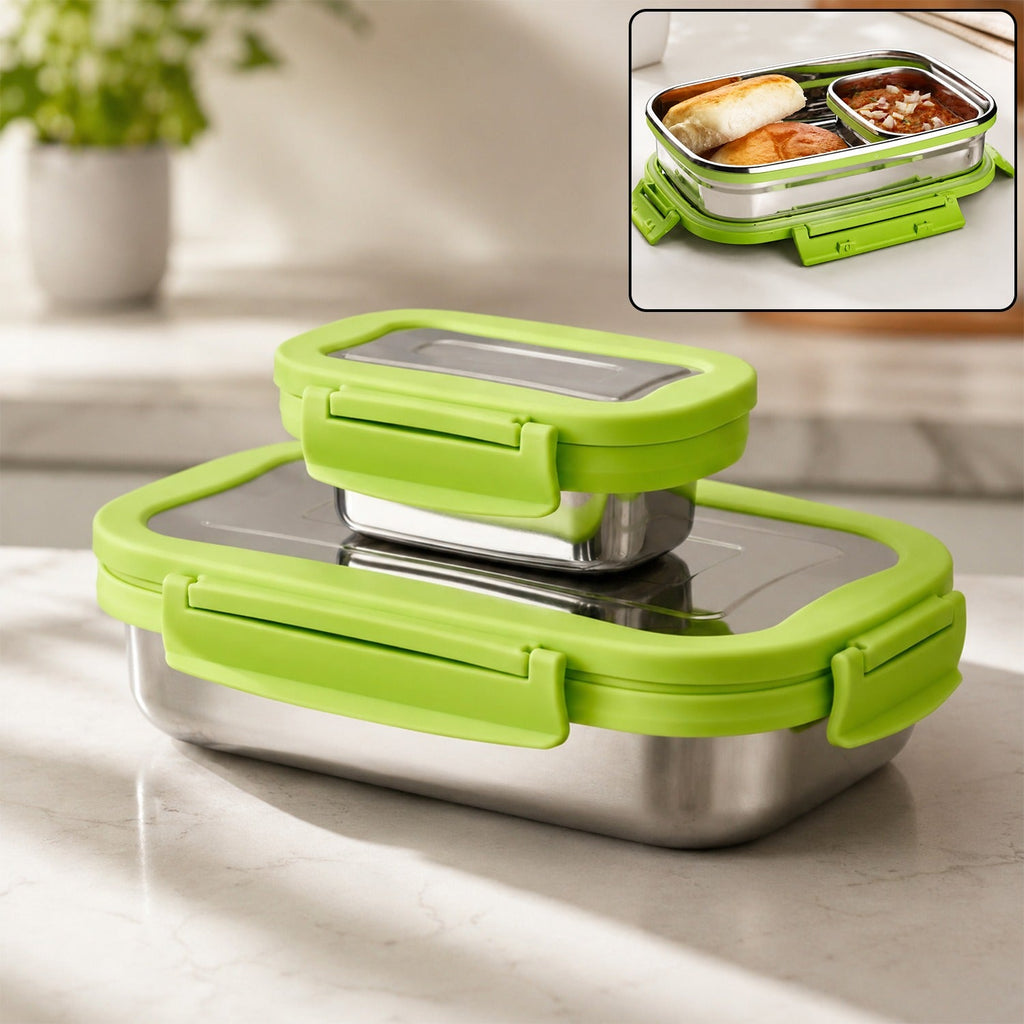 Green two-tier stainless steel lunch pack with hinged lids and clasp latches