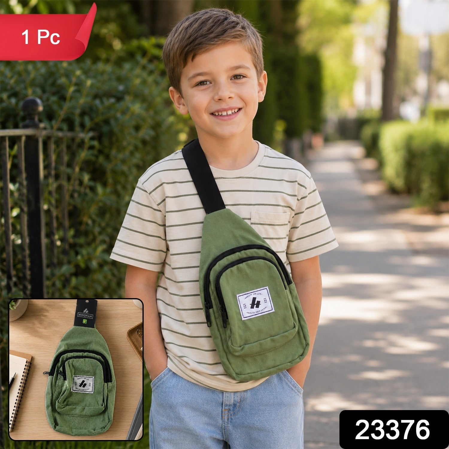Kids green canvas sling crossbody chest bag worn across chest with front zip pocket