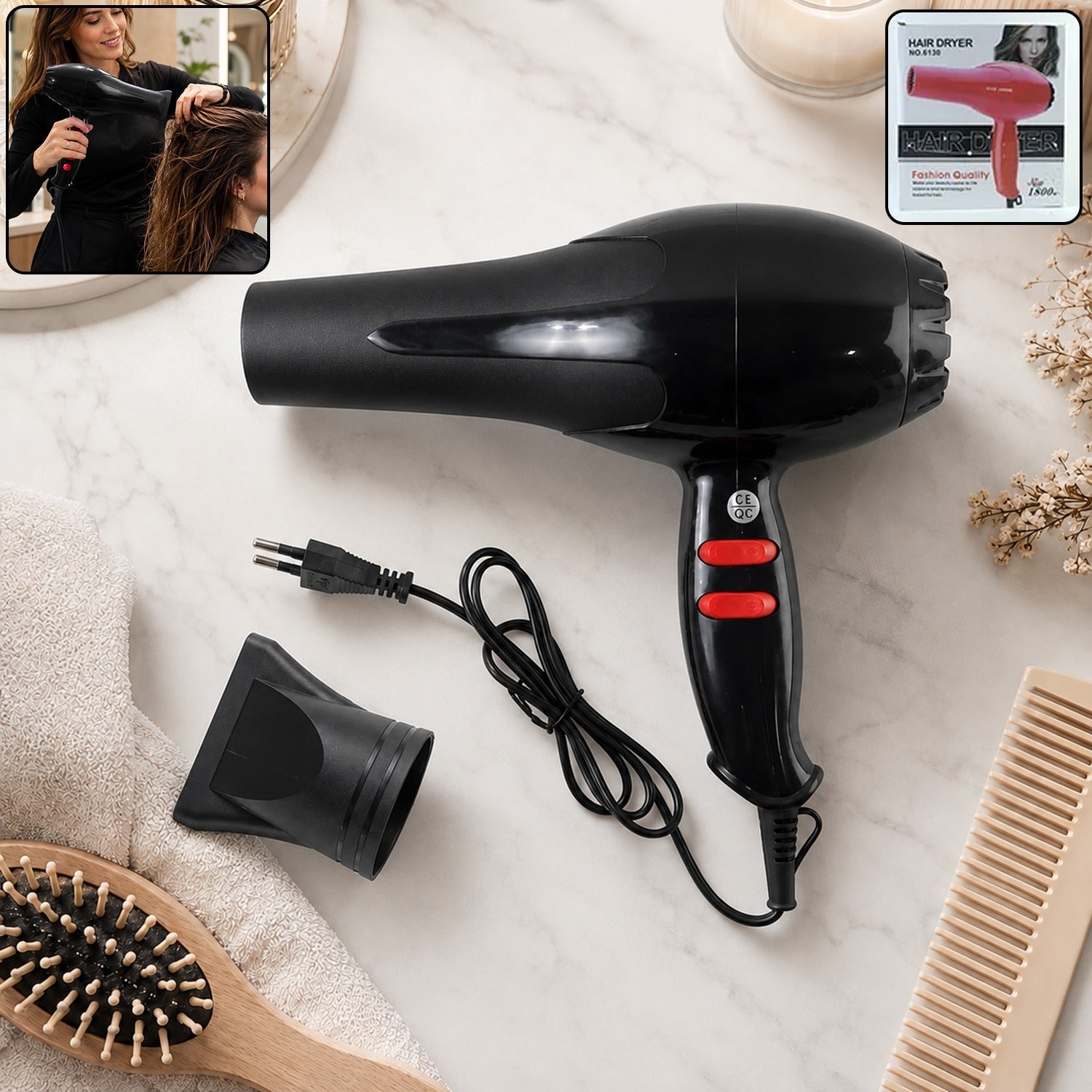 Portable foldable hair dryer with nozzle and power cord, black hot/cold buttons
