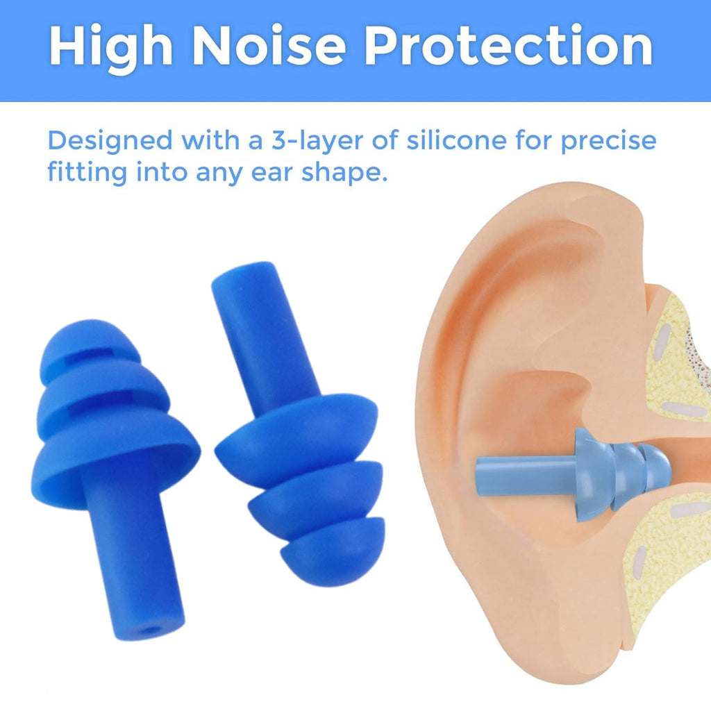 Reusable silicone ear plugs with blue protective tips and secure 3-layer fit