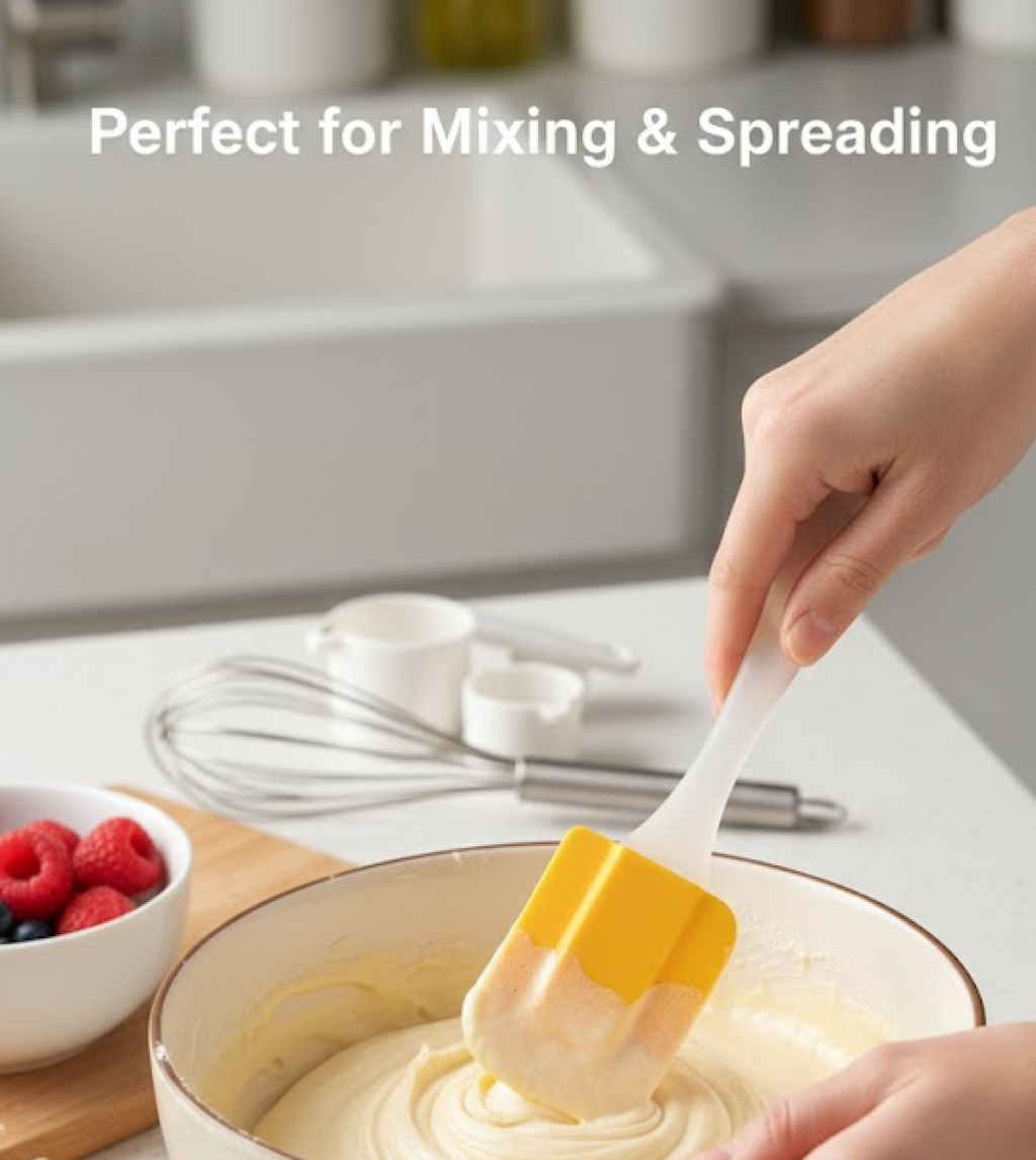 Silicone spatula mixing cake batter during baking