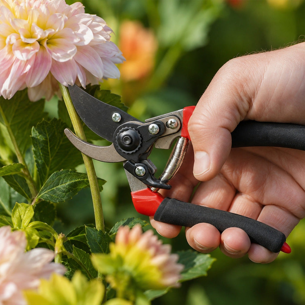 Flower pruning shear with red-and-black handles, steel blade, held near pink blossoms