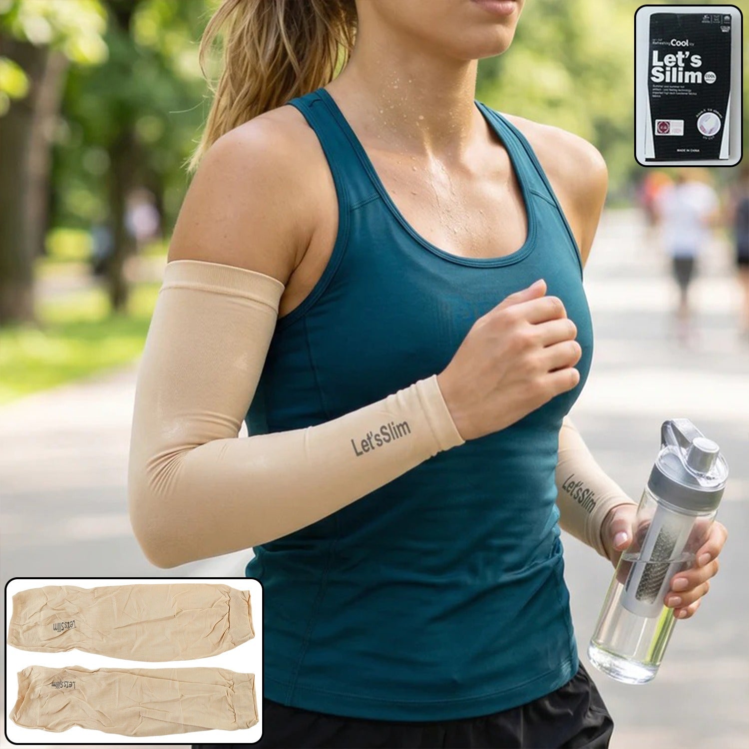 Beige cooling UV arm sleeves with snug fit and black logo text on forearm