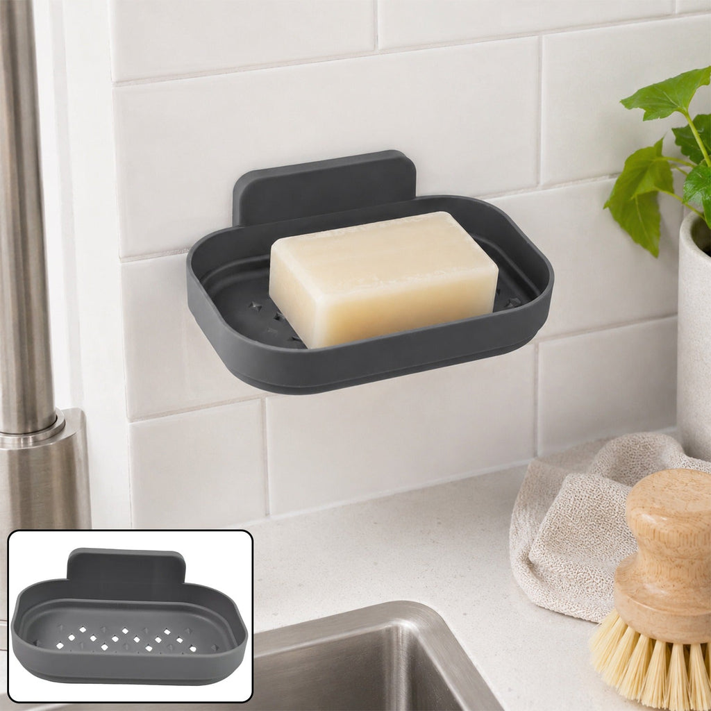 Self-adhesive wall soap dish holder with dark gray tray and upright back lip