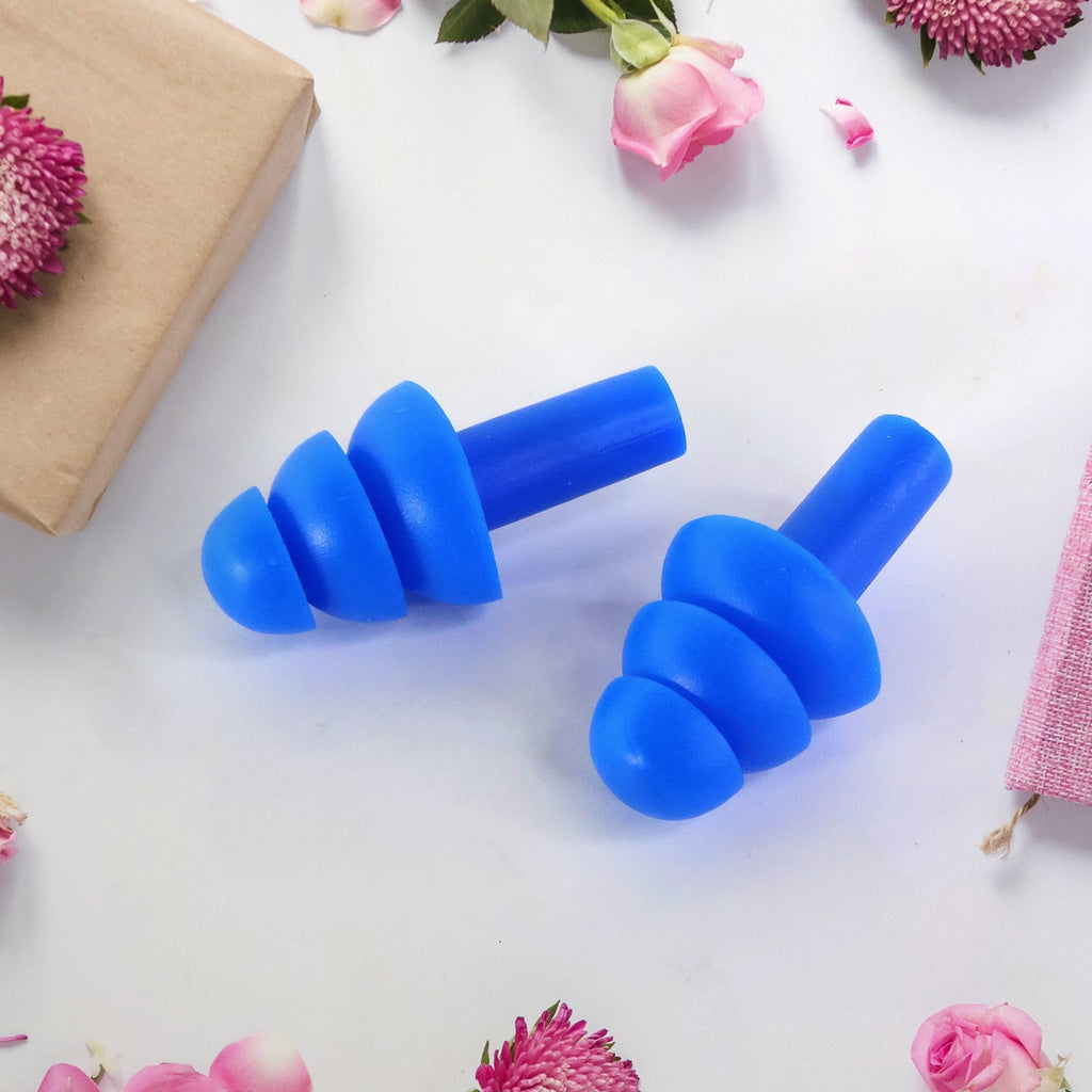 Blue reusable silicone ear plugs, two pieces with flanged tips for swimming