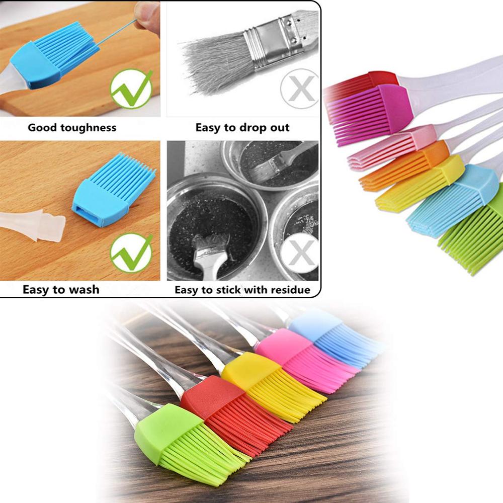 Colorful silicone pastry brushes shown in a set with multiple bristle designs