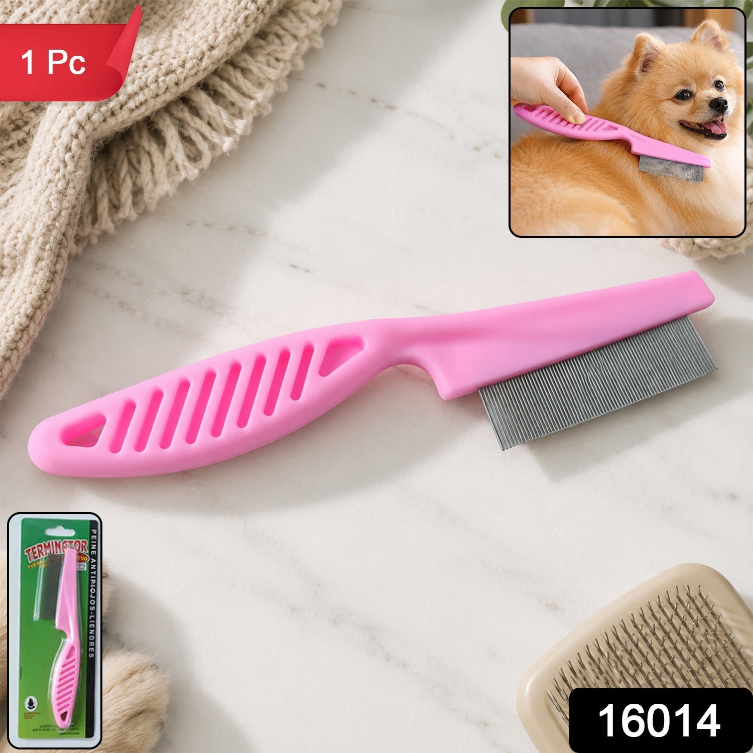 Dog hair remover comb, pink handle with stainless steel shedding blade