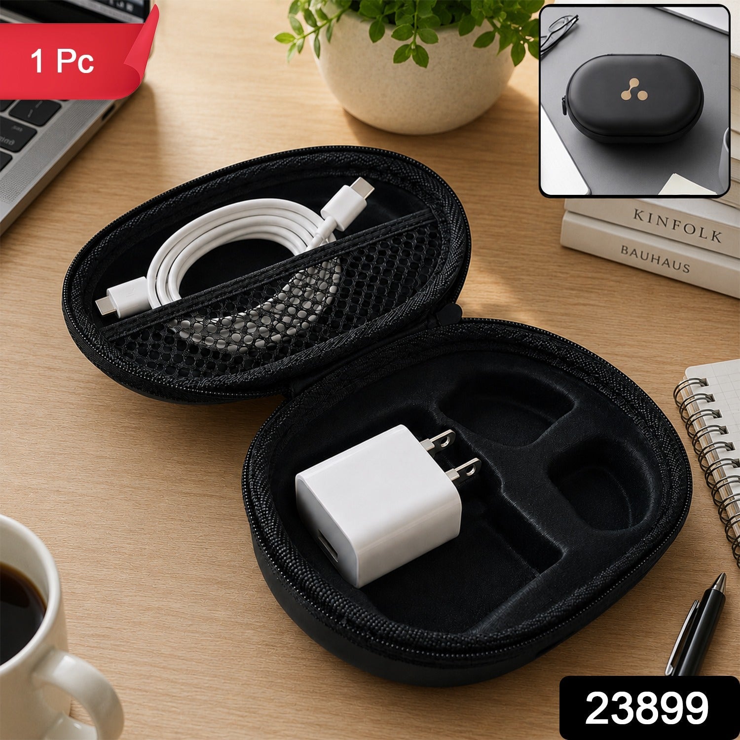 Black hard-shell charging cable and adapter case, open compartments with cable ends and wall plug
