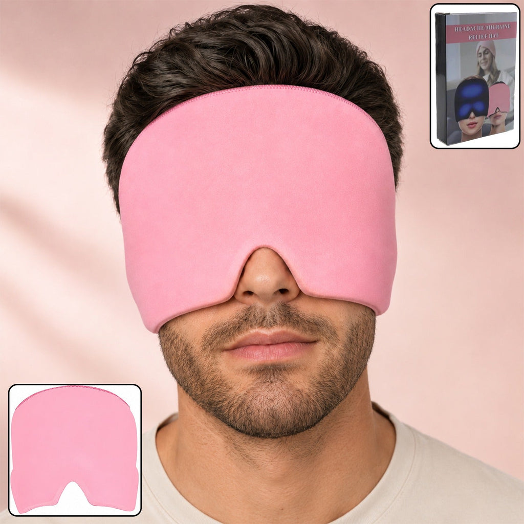 Pink cooling gel head cap covering eyes and forehead, soft fabric with nose opening