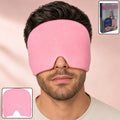 Pink cooling gel head cap covering eyes and forehead, soft fabric with nose opening