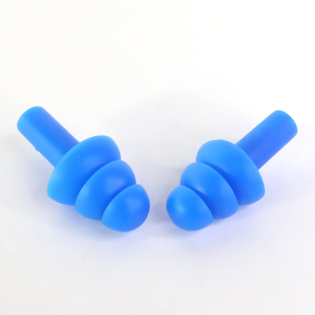 Two blue reusable silicone ear plugs with conical tips and long stems
