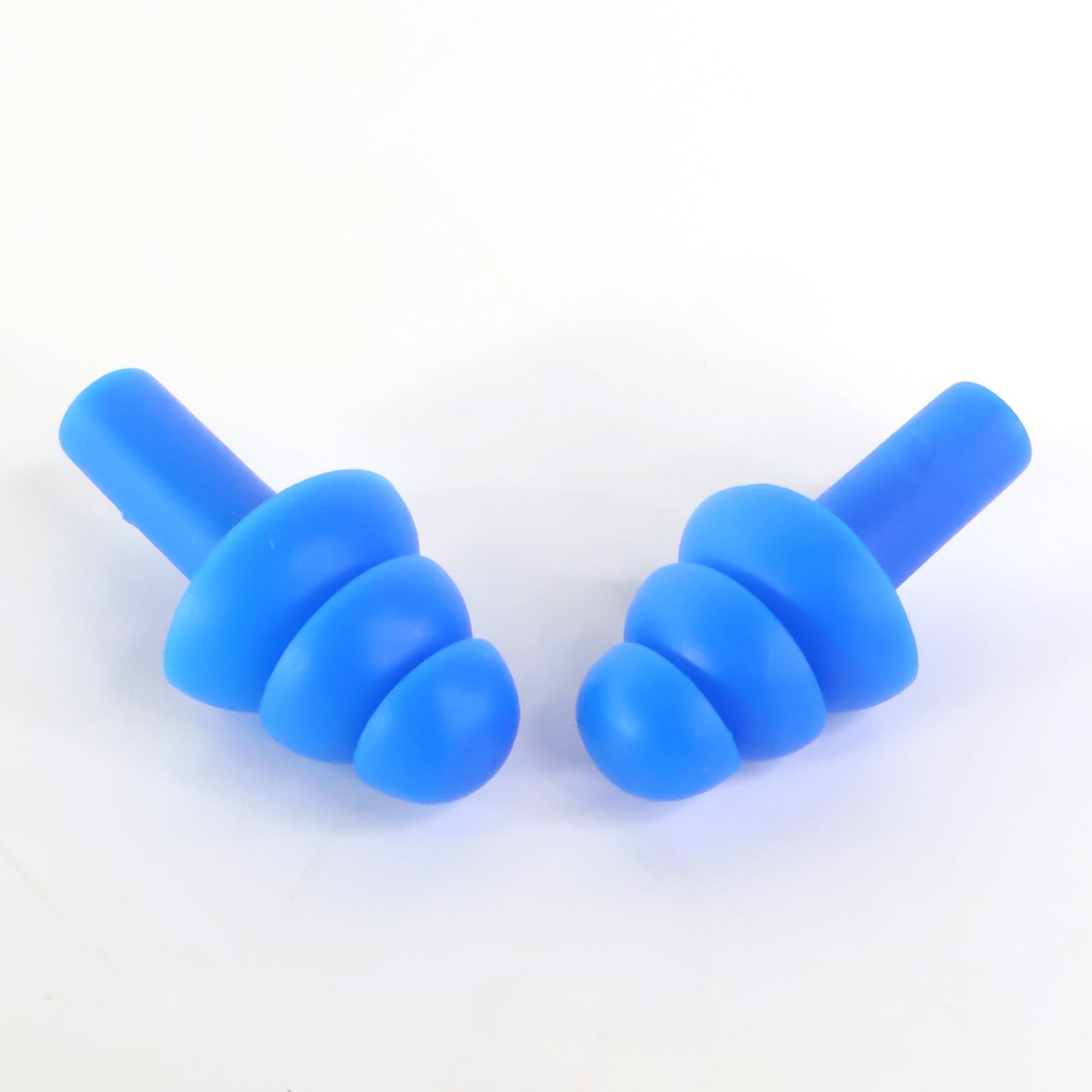 Two blue reusable silicone ear plugs with conical tips and long stems