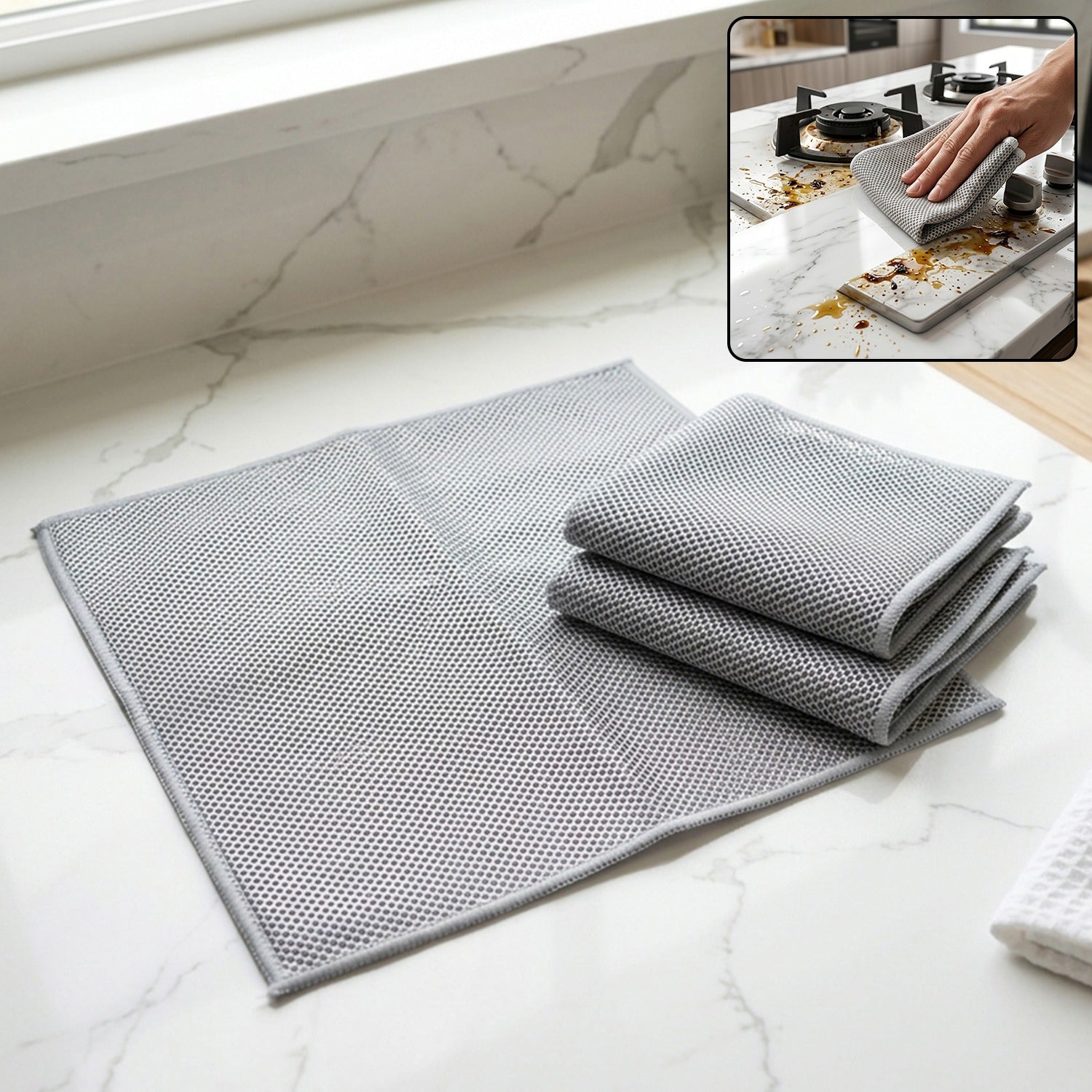 Gray microfiber cleaning towels, dual-sided weave; folded set on countertop surface