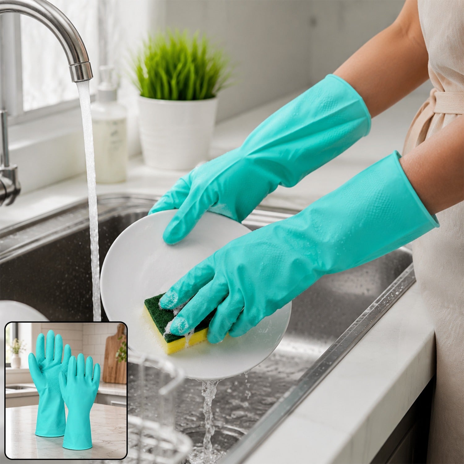 Large turquoise waterproof rubber gloves holding a sponge over a sink basin