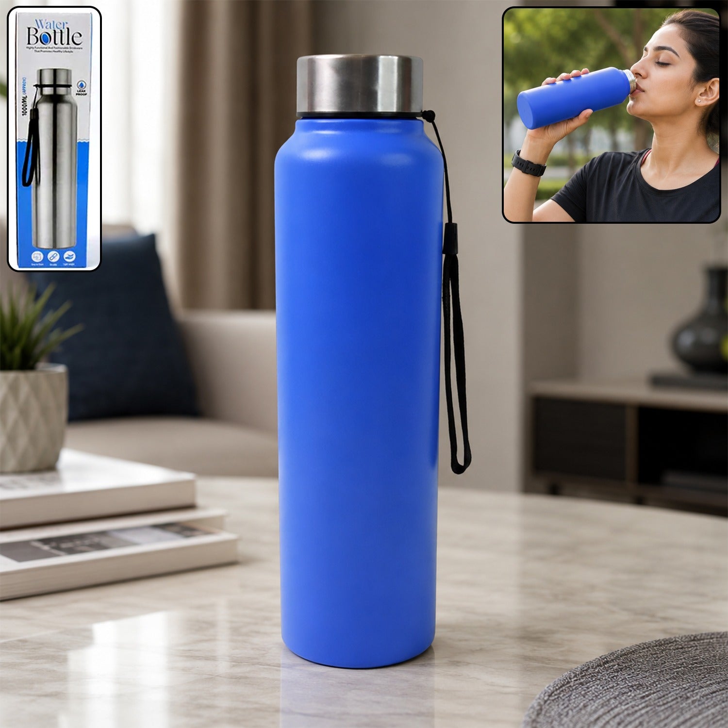 Blue 1000 mL stainless steel water bottle with metal lid and black wrist strap