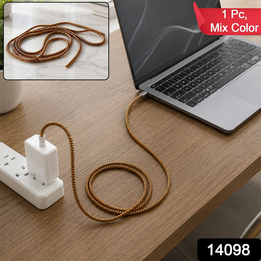 Spiral cable protector sleeve with coiled brown cover and charger plug end
