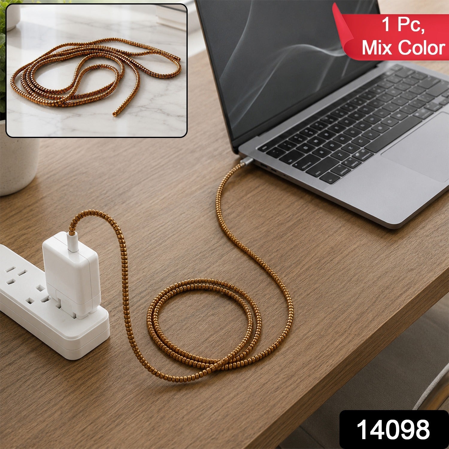 Spiral cable protector sleeve with coiled brown cover and charger plug end