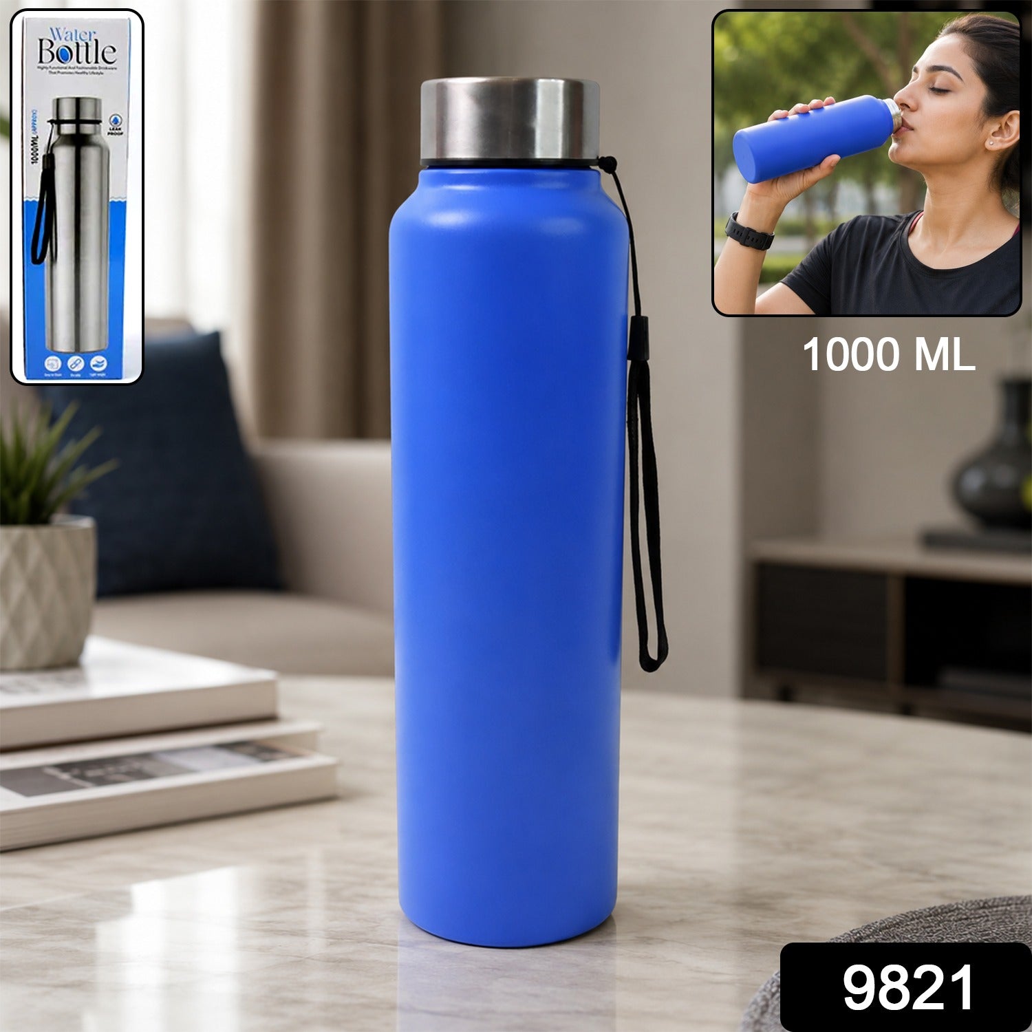 Blue stainless steel water bottle, 1000 mL, with black wrist strap