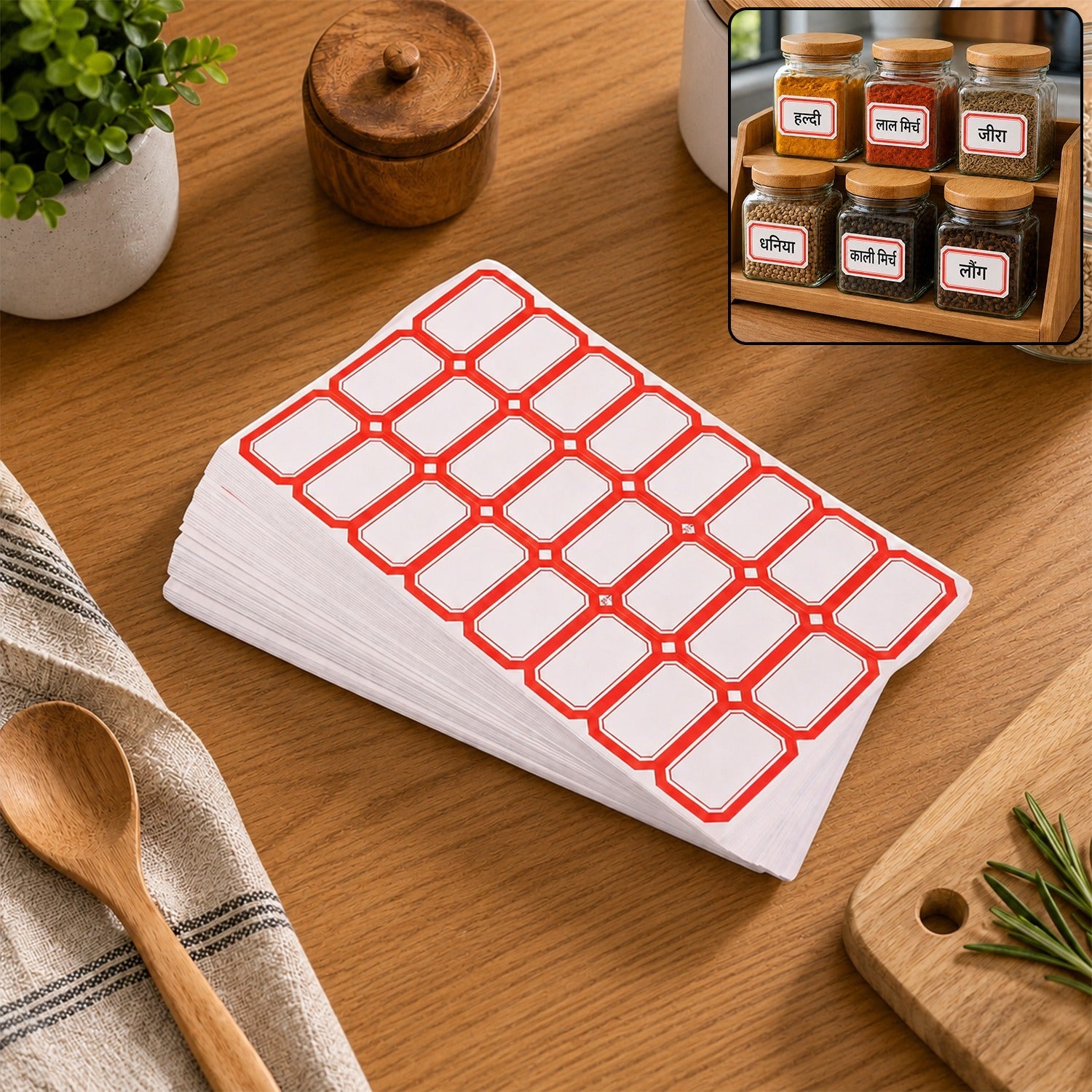 Self-adhesive sticker sheets with blank spice jar labels, red outline, 2-row grid