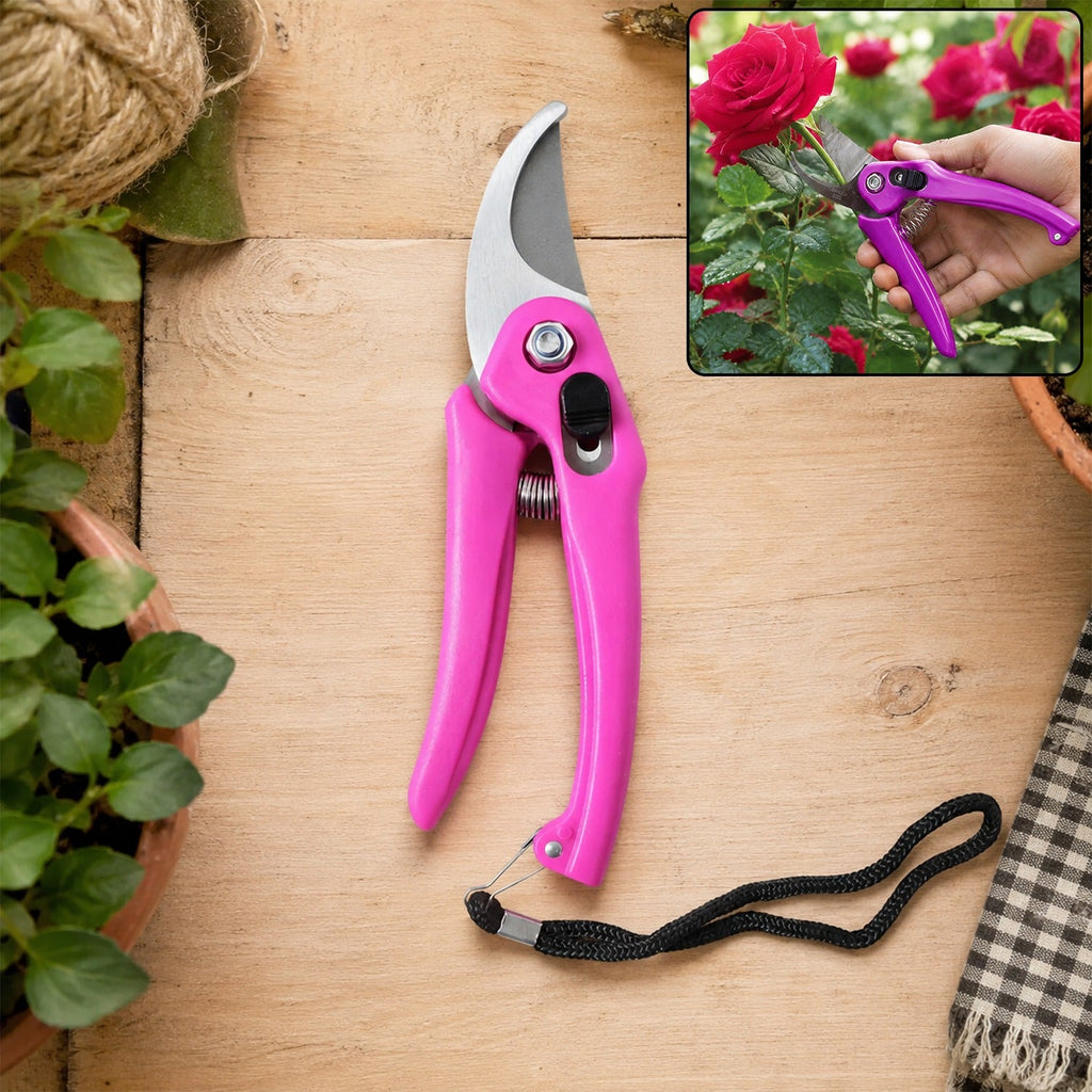 Pink garden pruning scissors with stainless steel blades and black wrist strap