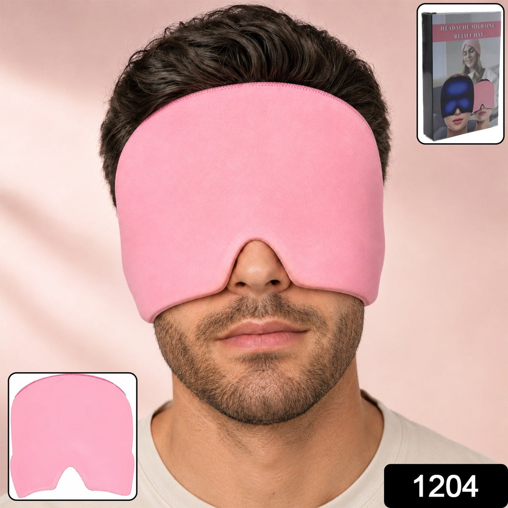 Front view of pink cooling gel cap with eye opening and nose cutout