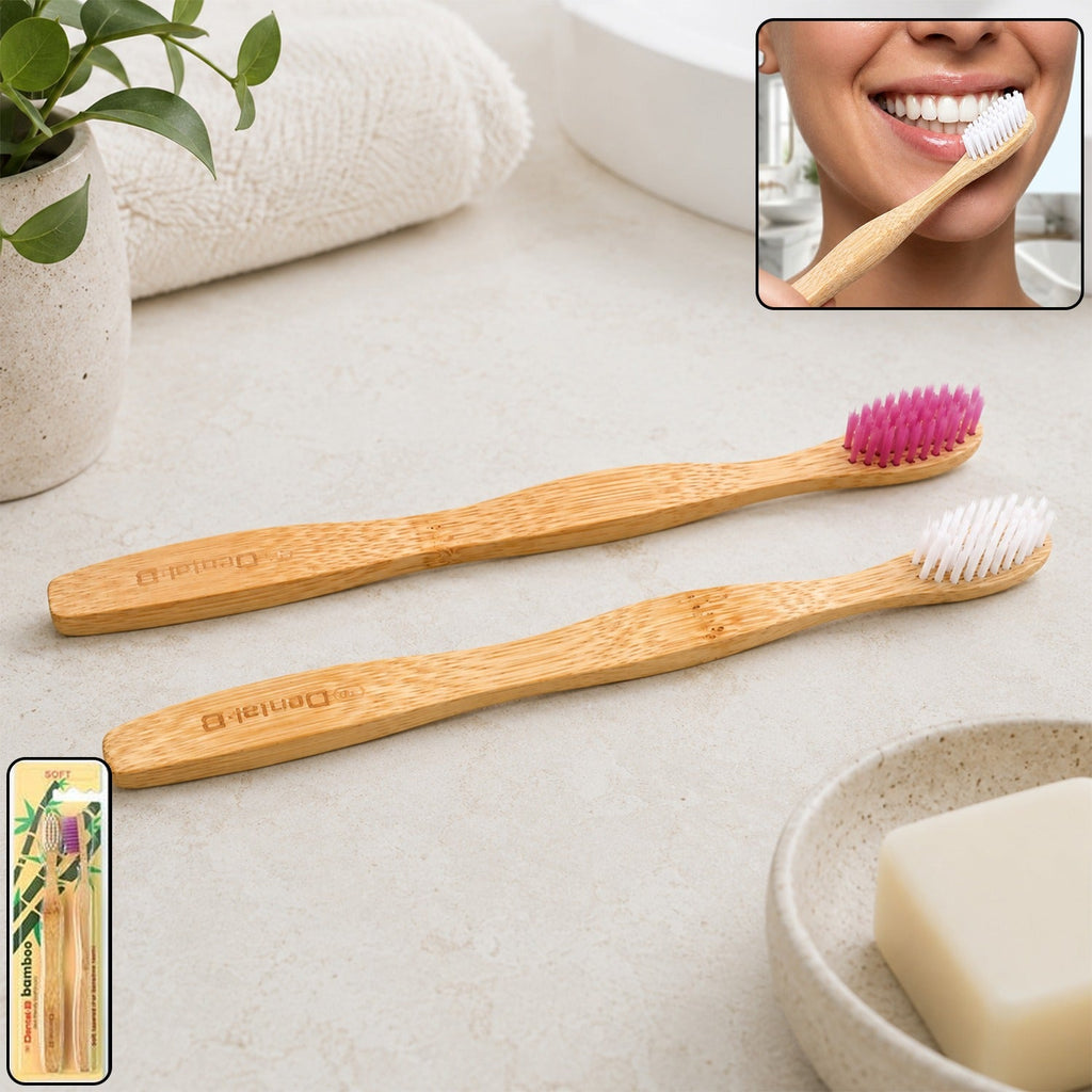Bamboo toothbrush set with soft bristles, two wooden handles—white and purple tips