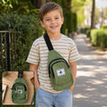 Kids green canvas sling crossbody chest bag with front zip pocket and adjustable strap