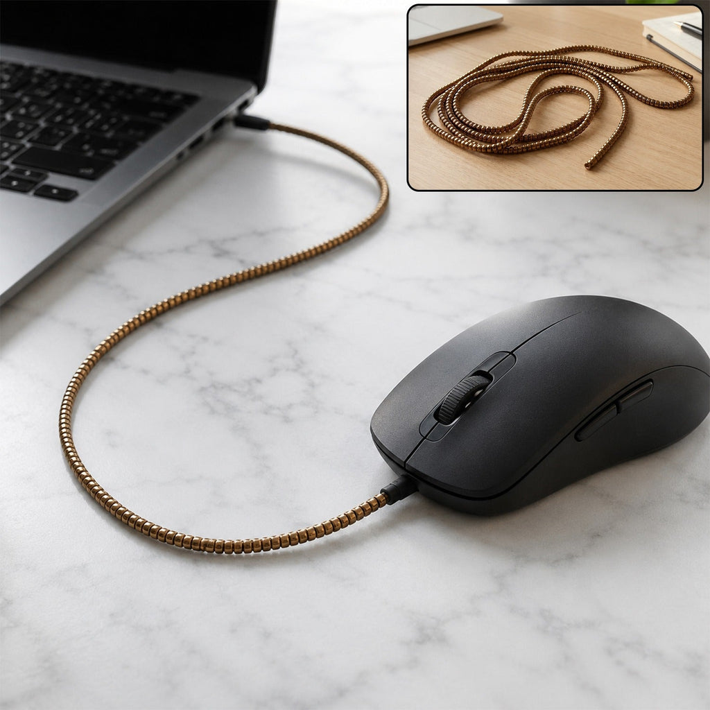 Spiral cable protector sleeve wrapping a computer mouse cord, flexible bronze coiled wrap