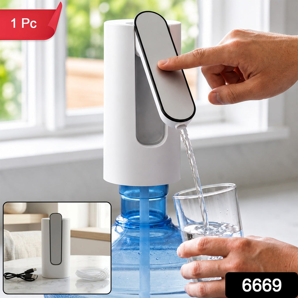 USB rechargeable electric water dispenser pump, white base, blue tank, hand-press spout