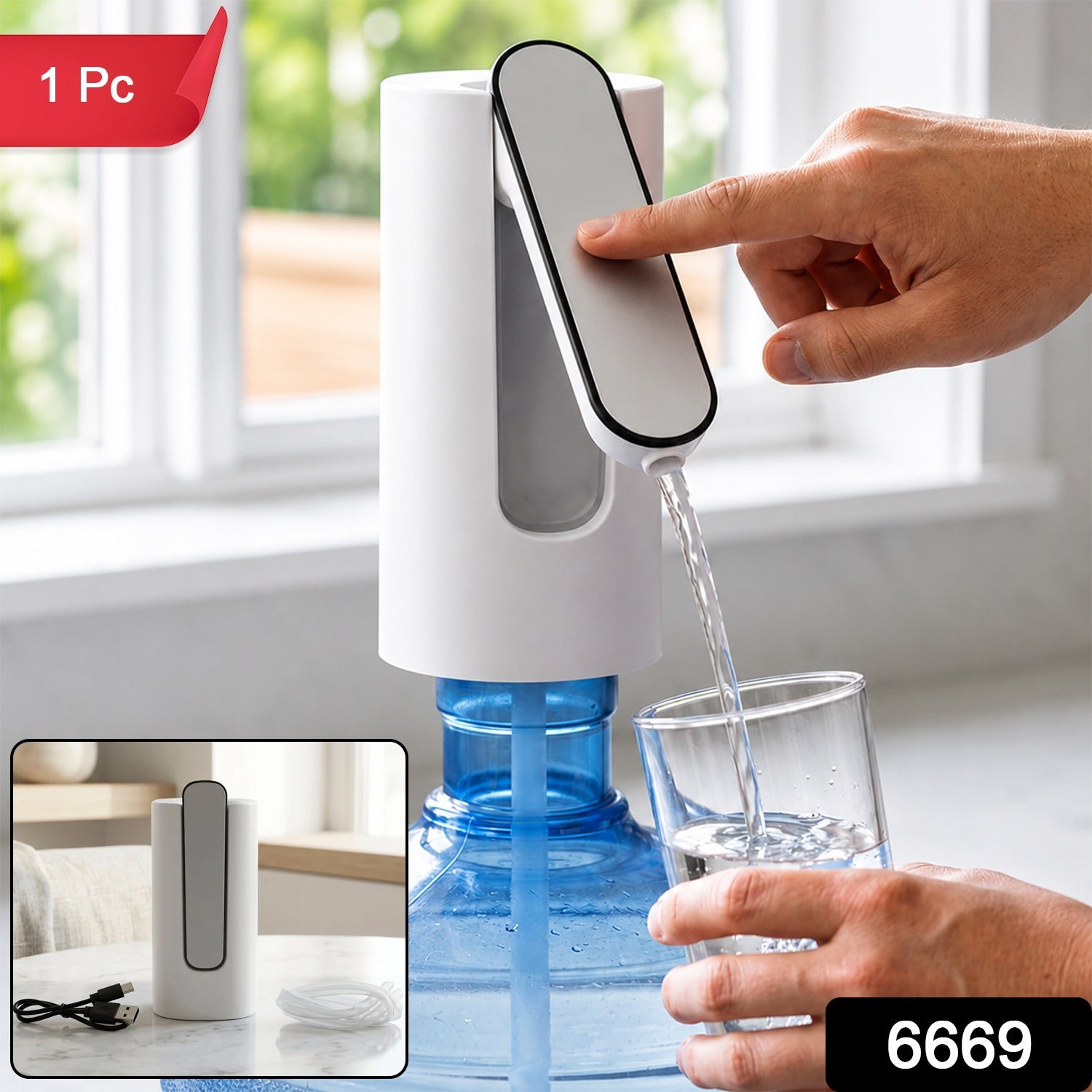 USB rechargeable electric water dispenser pump, white base, blue tank, hand-press spout