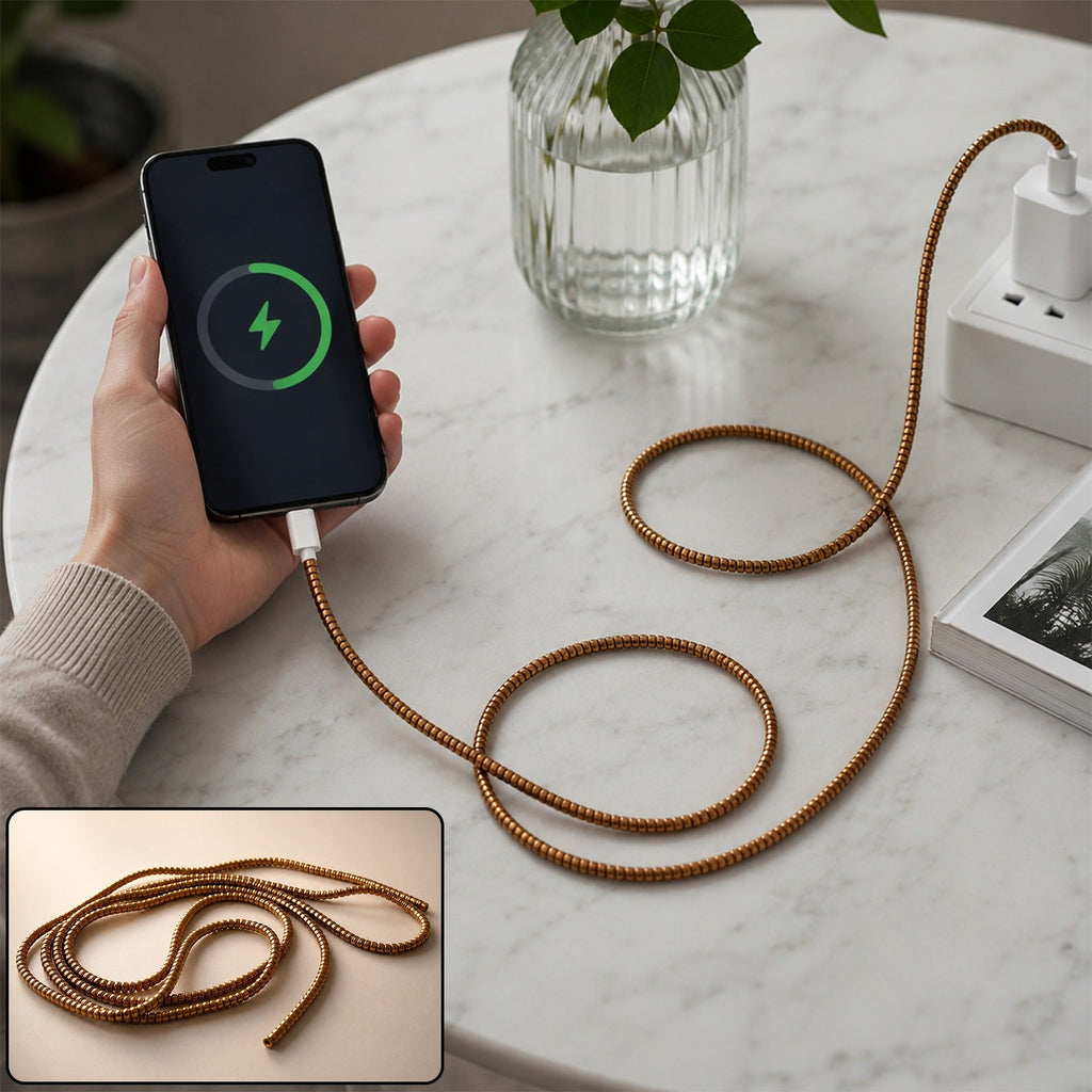 Spiral cable protector sleeve, braided gold-brown flexible cord wrap with plug
