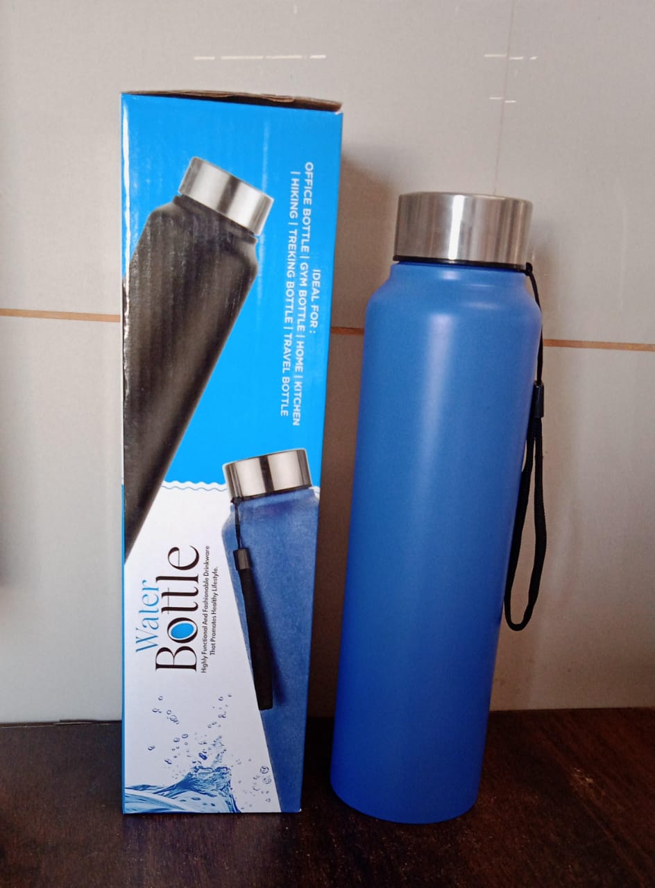 Blue stainless steel water bottle with silver cap and black strap, with gift box