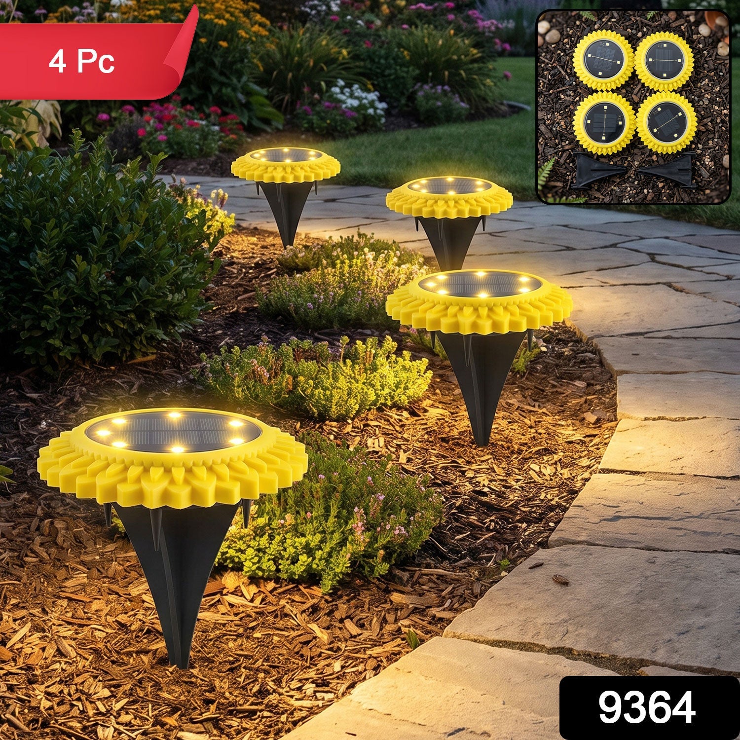 4-pack sunflower solar stake lights with warm glowing LED discs along a walkway