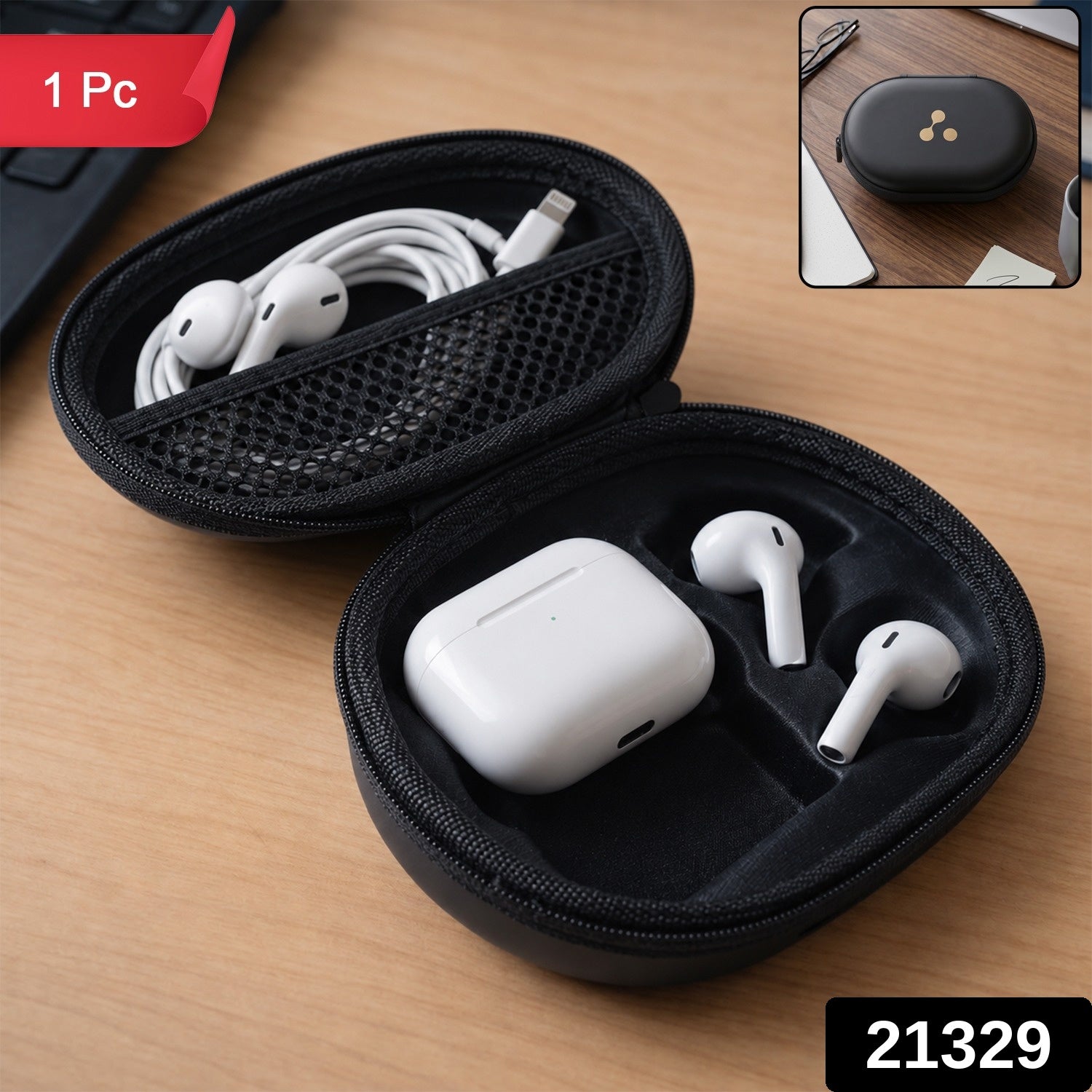 Black zippered earbuds case with white charging case and earbuds, shown open with mesh divider