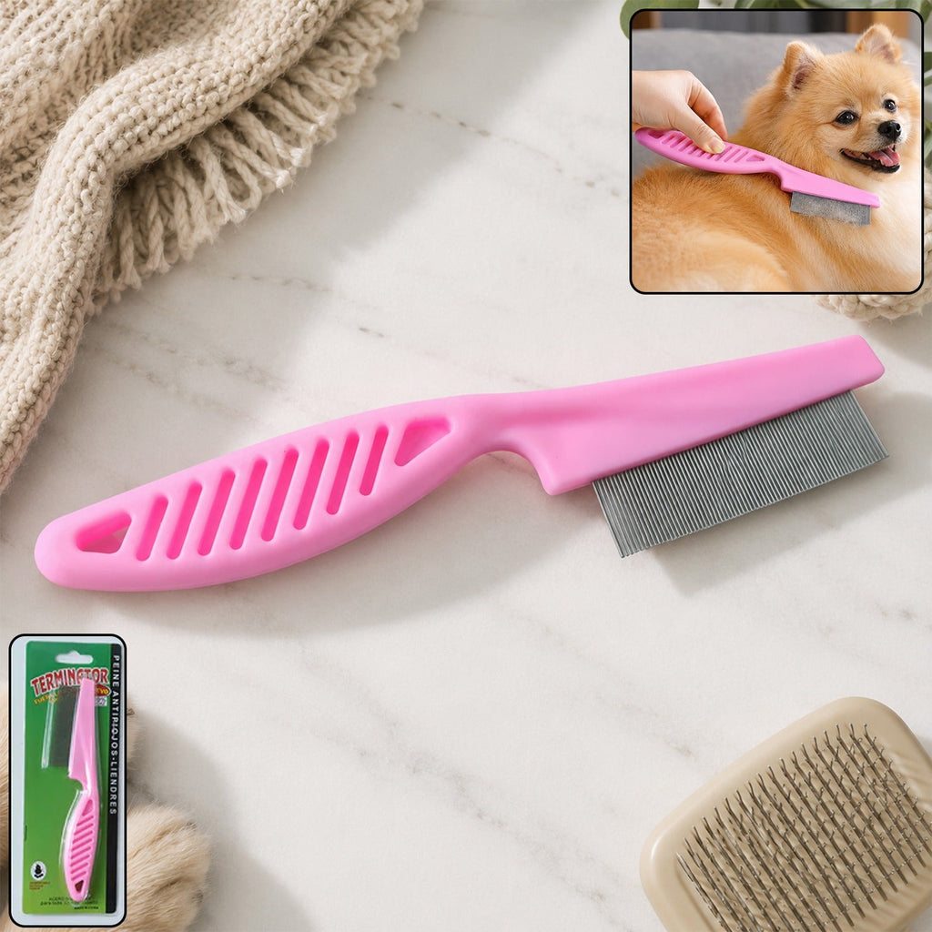 Dog hair remover comb with pink handle and stainless steel teeth for pet grooming