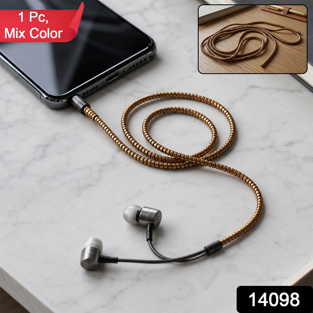 Coiled spiral cable protector sleeve with wired earbuds and braided brown earphone cable