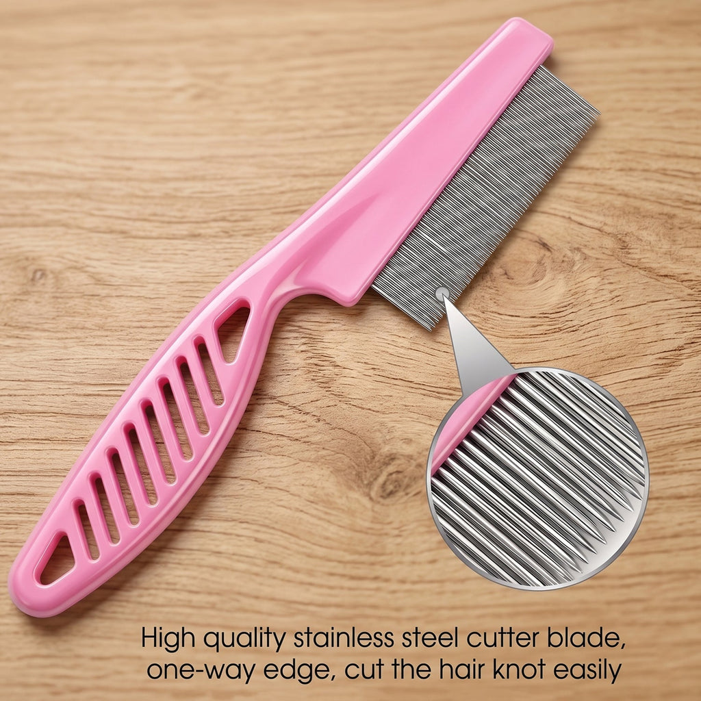 Dog grooming hair comb with pink handle and dense stainless steel cutting teeth