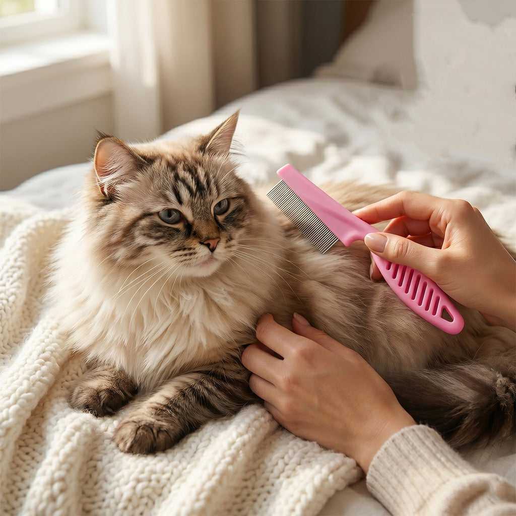 Pink pet grooming hair remover comb brushing a long-haired cat