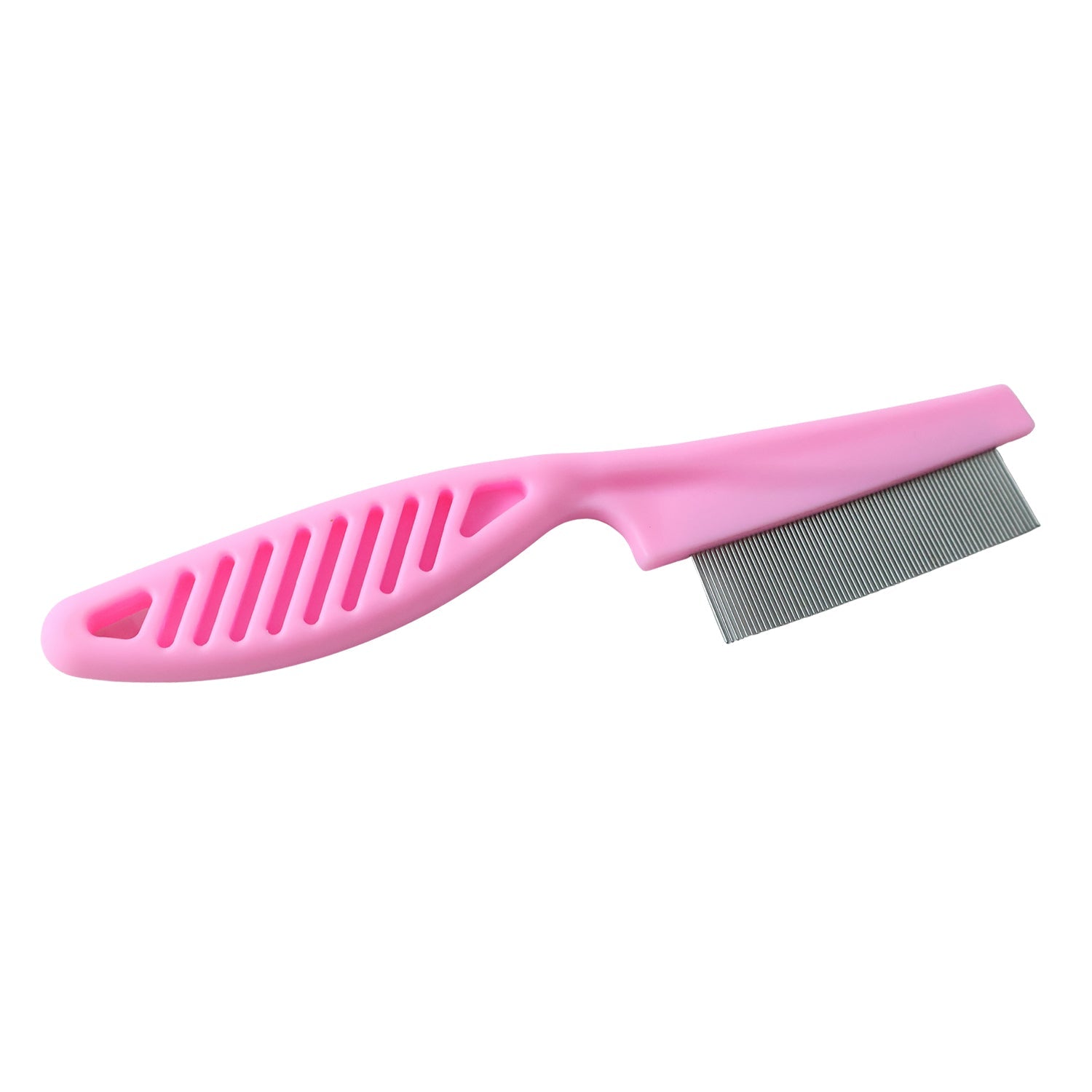 Dog hair remover comb with pink handle and stainless steel teeth