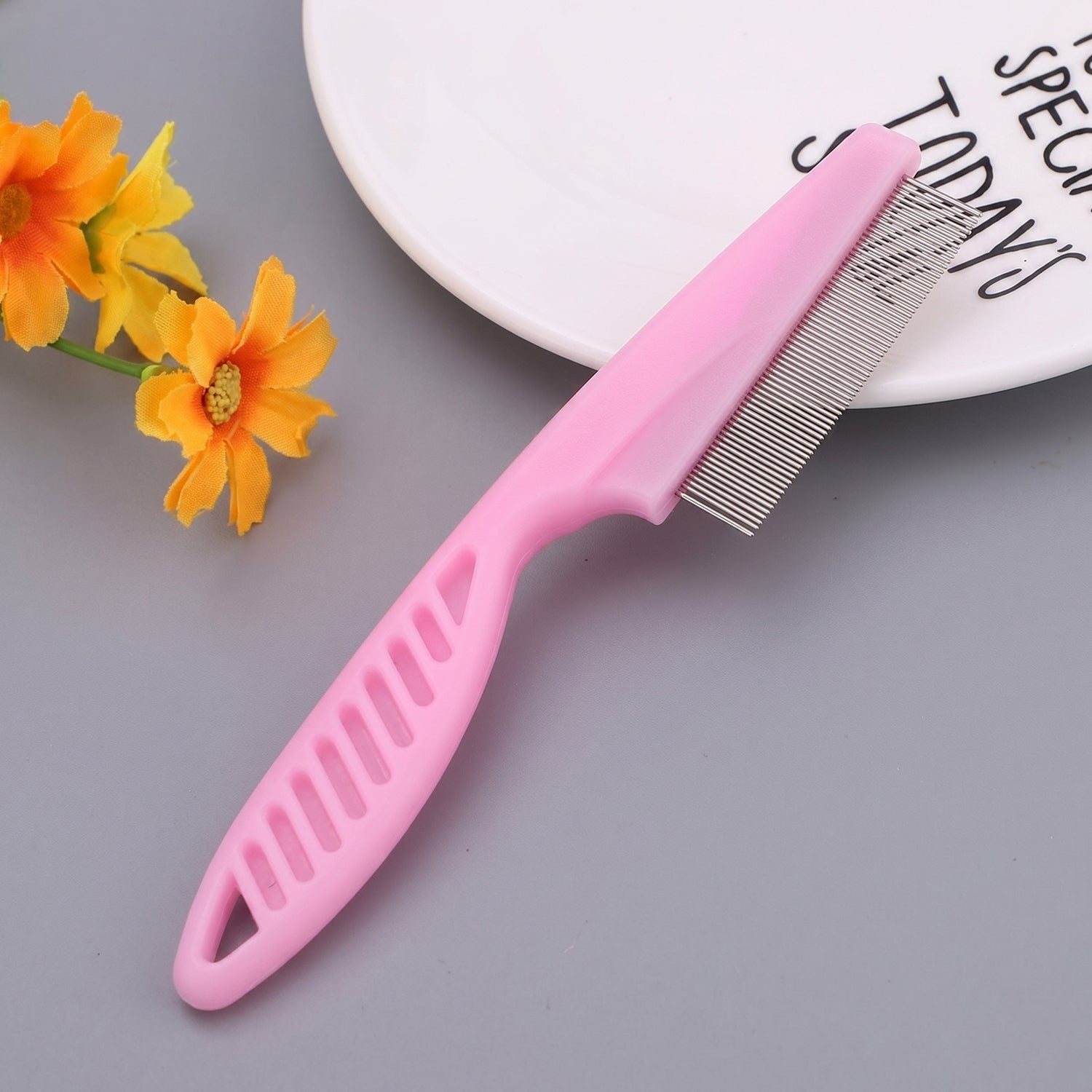 Pink dog hair remover comb with stainless steel teeth for fur cleaning