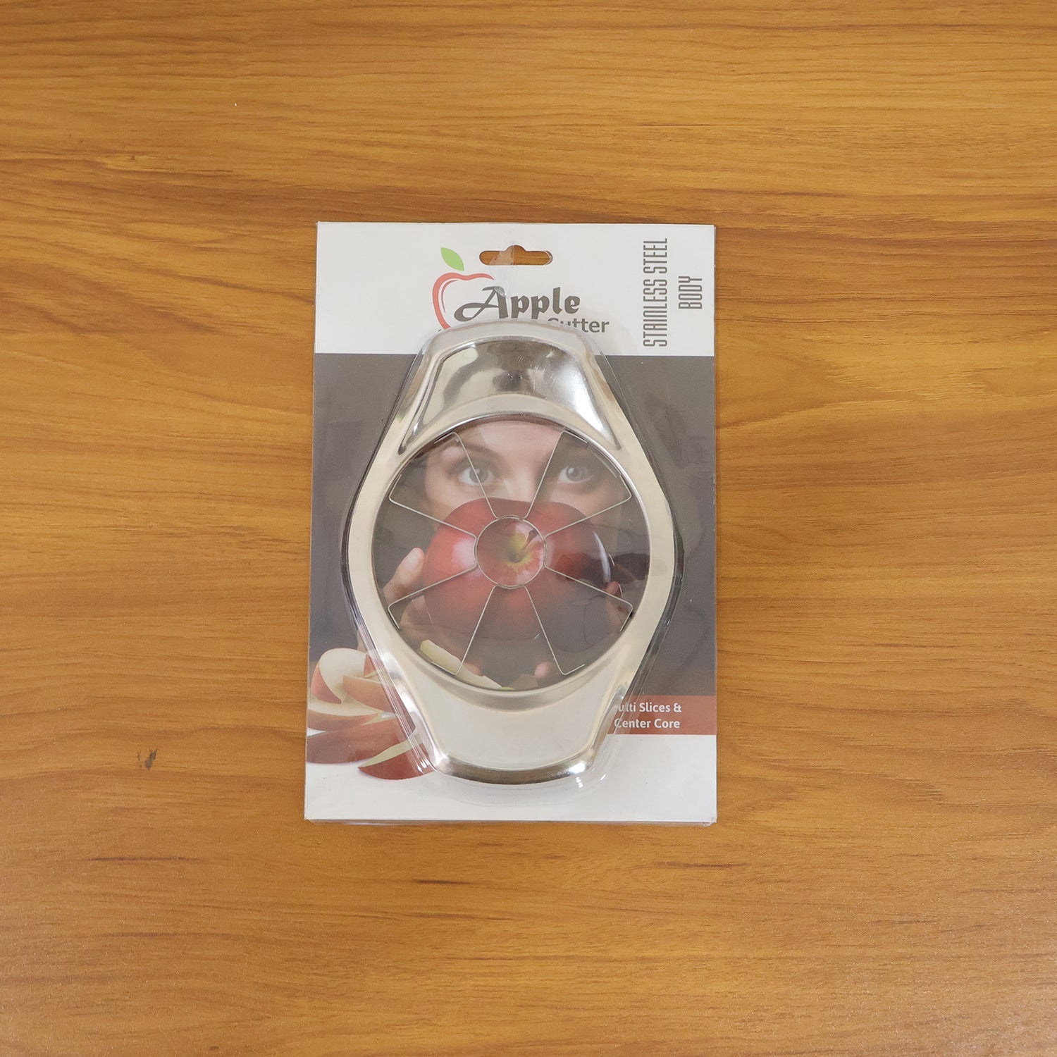 Stainless steel apple cutter and slicer with corer, in retail blister pack