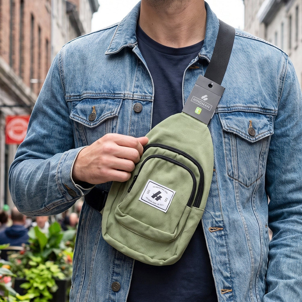 Men’s green canvas sling crossbody bag worn over denim jacket with front zip pocket