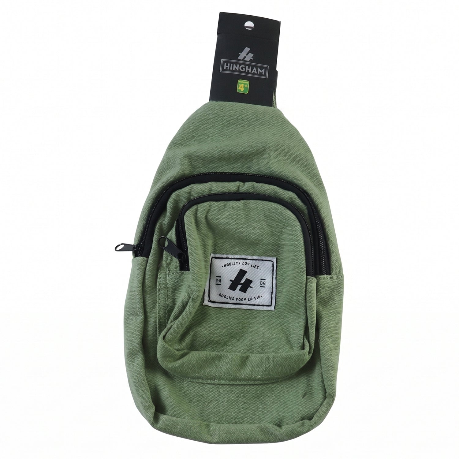 Green canvas crossbody sling bag with front zip compartment, top loop, and black strap
