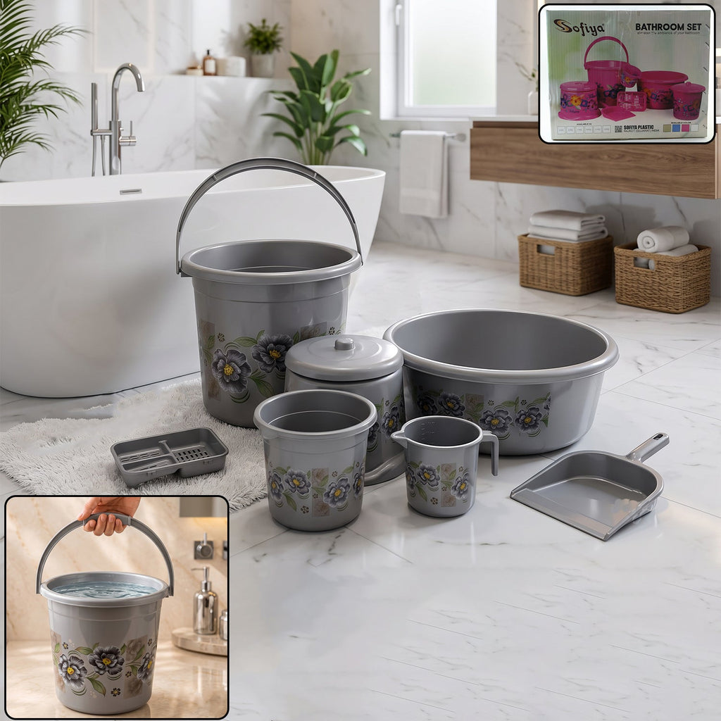 Gray plastic 7-piece bathroom organizer set with floral buckets, tray, and small cups