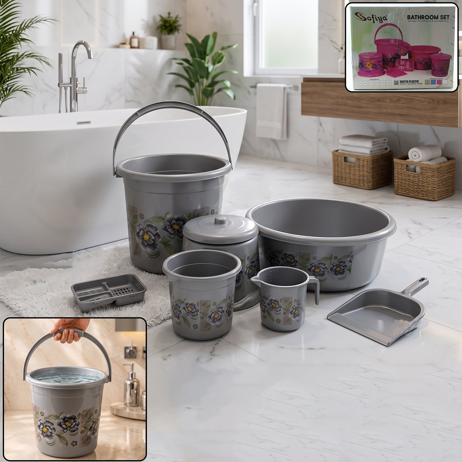 Gray plastic 7-piece bathroom organizer set with floral buckets, tray, and small cups
