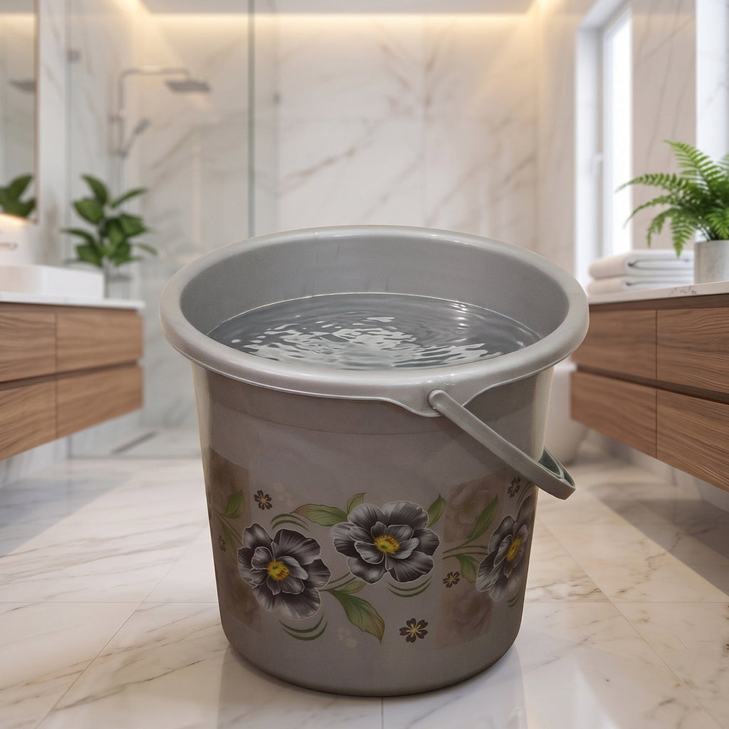 Gray plastic floral storage bucket with pouring scoop handle, filled with water