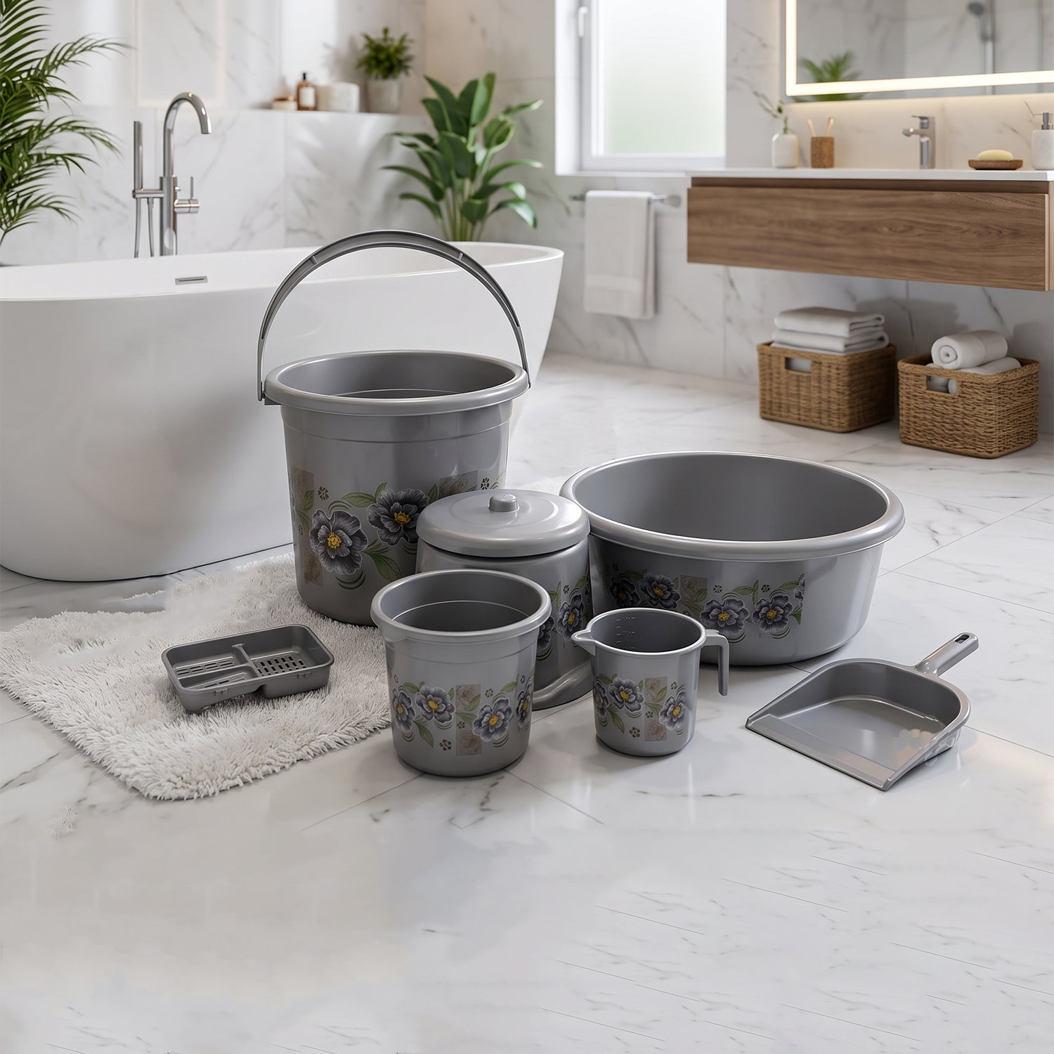 Gray floral plastic 7-piece bathroom organizer set with buckets, cups, tray, and lid